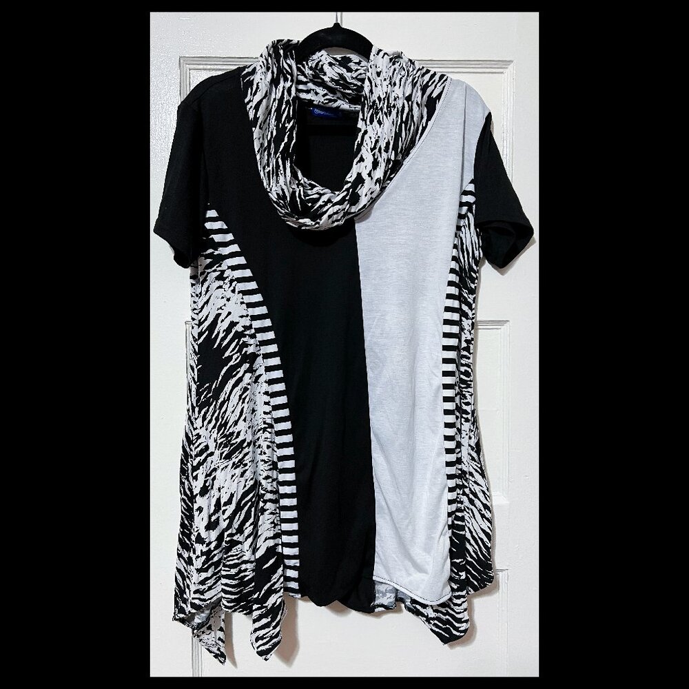 Astor by Firmiana Womens Black/White Cowl Neck Short Sleeve Tunic Top XL EUC